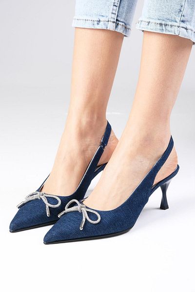 Mio Gusto Alexis Navy Blue Denim Fabric Open Back Stone Bow Women's Heeled Shoes