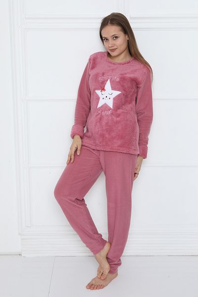 FAMES PİJAMA Wellsoft Fleece Thick Winter Women's Pajamas Set Pink with Stars