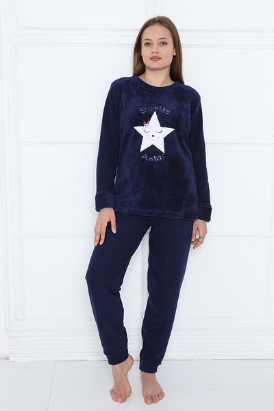 FAMES PİJAMA Wellsoft Fleece Women's Pajama Set - Starry Navy Blue, Thick Winter