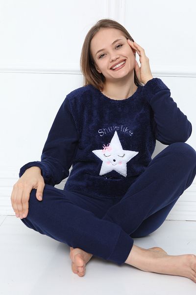 FAMES PİJAMA Wellsoft Fleece Women's Pajama Set - Starry Navy Blue, Thick Winter