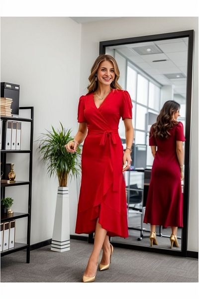 Kokosh moda DRESSIFY Rochie de damă, cu guler dublu, lungime midi, cu curea, creponată, 120 cm