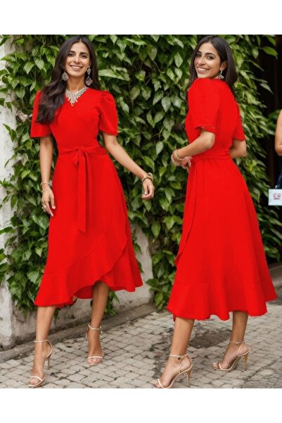 Kokosh moda DRESSIFY Women's Double Breasted Collar Midi Length Belted Crepe Dress 120 Cm