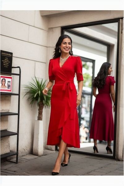 Kokosh moda DRESSIFY Rochie de damă, cu guler dublu, lungime midi, cu curea, creponată, 120 cm