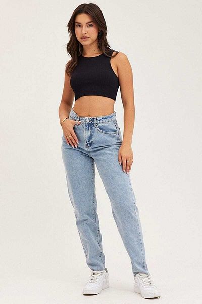 Geppetto Isabella Zero Max Snow Wash Lycra Mom Jeans Blugi flexibili albastri