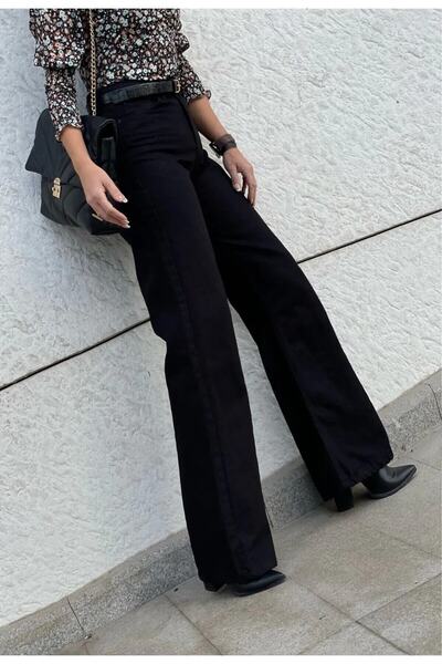 Geppetto Μαύρο ψηλόμεσο γυναικείο τζιν Palazzo, μαύρο φαρδύ τζιν με Lycra