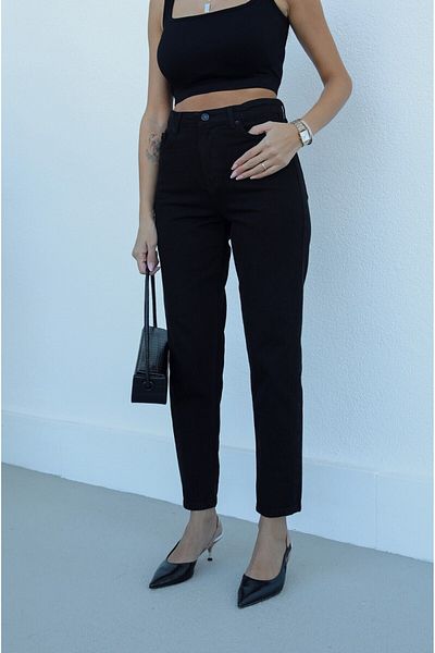 Geppetto MR Ψηλόμεση Lycra Μαύρο Colorfast Boyfriend Jeans Ευέλικτο παντελόνι Mom Jeans