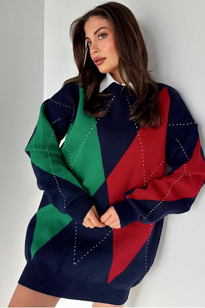 MODAGEN Pulover cu tunică lungă supradimensionată, verde, roșu, cu model de diamante