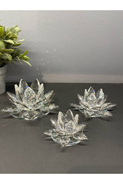 Peramari Dekoratif Kristal Cam Üçlü Lotus Mumluk Şeffaf Gümüş