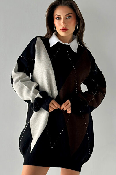 MODAGEN Pulover cu tunică lungă supradimensionată, negru, cu model de diamante