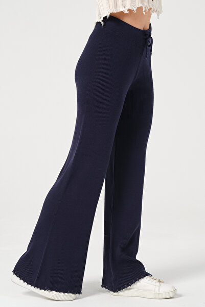 PUNKY CAT Women's Navy Blue Wide Leg Lace-up Knitwear Trousers