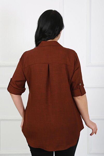 By Alba Collection Women's Tan Soft Linen Large Size Shirt with Flap Pockets