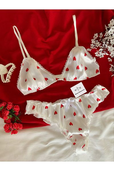 MH Moony Homewears Babydoll Satin Red Heart Bralette Set
