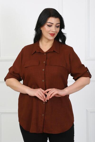 By Alba Collection Women's Tan Soft Linen Large Size Shirt with Flap Pockets
