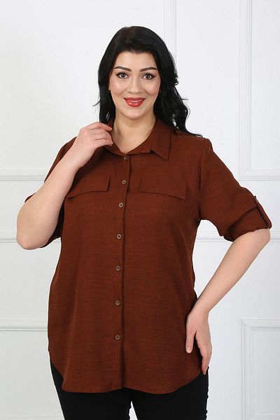 By Alba Collection Women's Tan Soft Linen Large Size Shirt with Flap Pockets