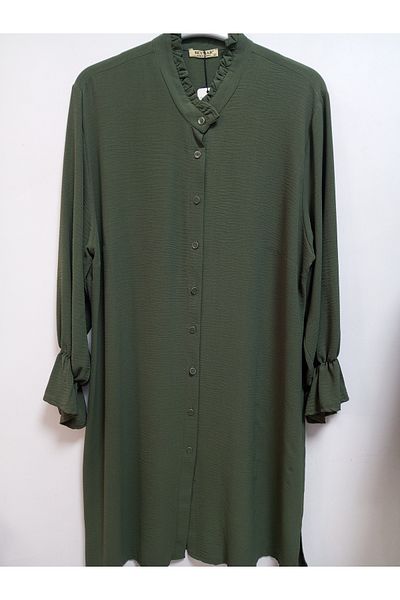 AKŞEN GİYİM LARGE SIZE TESETURAL AIROBIN LINEN FABRIC RUBBER SLEEVE LONG TUNIC