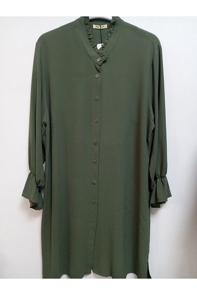 AKŞEN GİYİM LARGE SIZE TESETURAL AIROBIN LINEN FABRIC RUBBER SLEEVE LONG TUNIC