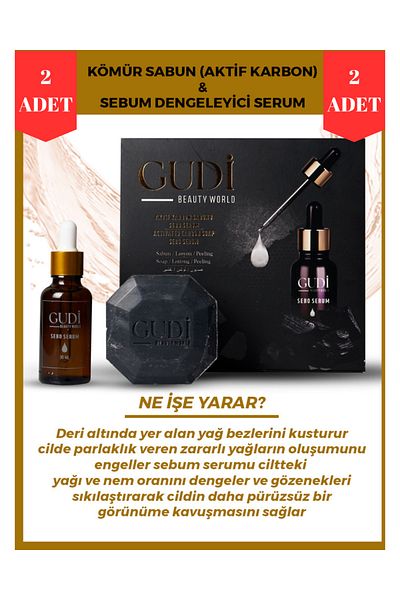 Gudi Activated Charcoal Soap - 120 gr Pore Firming, Skin Oil Balancing Sebo Serum 35 ml