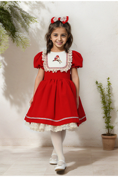 JBK JUST BABY AND KIDS STORE 1-10 Yaş Kuş Nakışlı Dantel Detaylı Kırmızı Çocu...