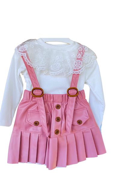 Nisankids Girl's Festive Salopet 2-3-4-5 Years Old Leather Pleated Skirt - Lace Detailed Body Set