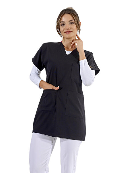 ÇİZGİ MEDİKAL Tunik Lacivert Uzun boy Likralı Tek Üst Tesettür Hemşire Formas...