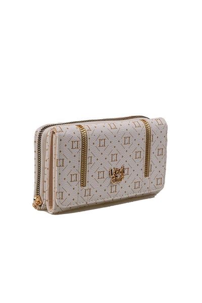 Levidor White Zipper Detailed Monogram Women's Wallet