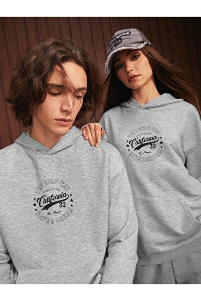 LOUİSA Sevgili Kombini 2'li Paket Gri Baskılı Şardonlu Eşofman Takımı Unisex