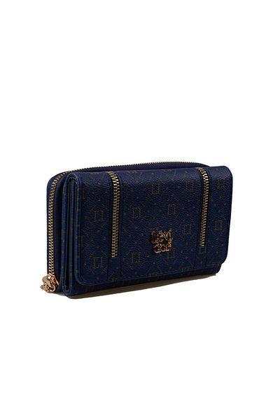 Levidor Navy Blue Zipper Detailed Monogram Women's Wallet