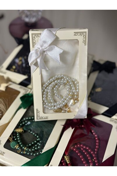 HANE TEKSTİL Çeyizlik  Kutulu Örtü ve İnci 99'Luk Tesbih Seti KREM