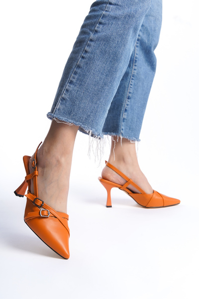 Ayakkabı Podyumum FIRST" Orange Skin 9 cm Pointed Toe Back Open Buckle New Se...