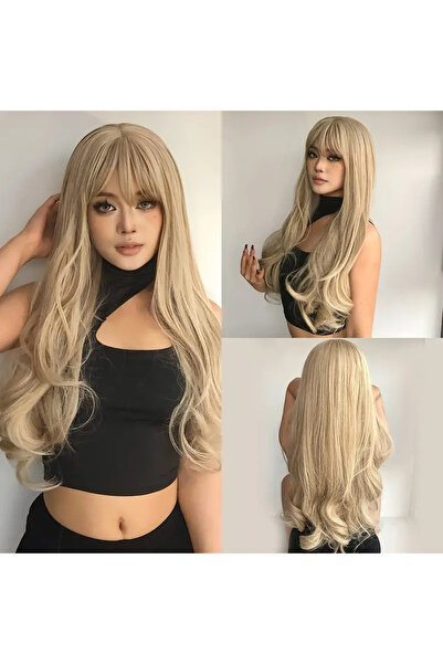 AKOLİFE Küllü Sarı Perçemli Uçları Dalgalı Peruk - Gerçek Saç Dokusu