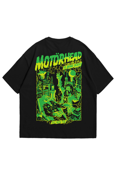 Scrovtie Kadın Erkek Siyah Motörhead Tesla Baskılı Oversize Bisiklet Yaka Kıs...