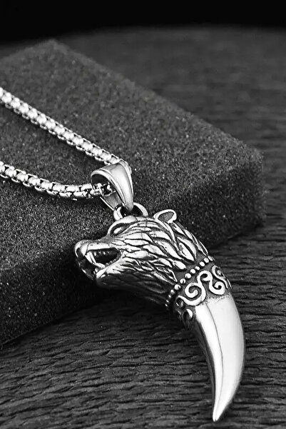 Valhalla YENİ SEZON Erkek Çelik Zincir Kolye Kararmaz 316 l Çelik Gümüş Renk Zincir Vintage Kurt Dişi Kolye