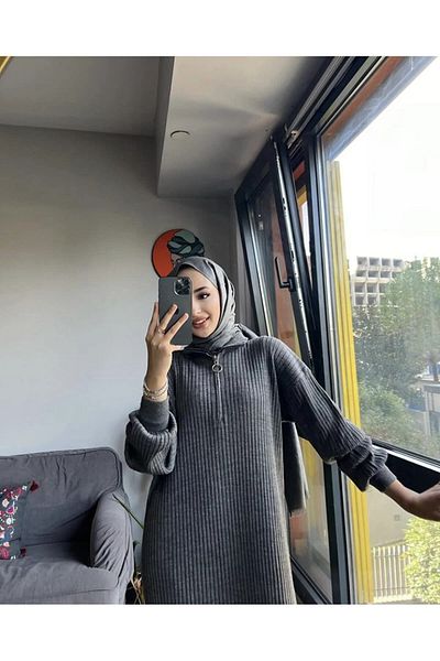 MAXXANA Oversize Loose Cut Zipper Collar Ribbed Knitwear Hijab Dress