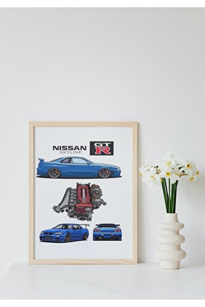 caddehediye ÇERÇEVELİ DOĞAL Ahşap SKYLINE R34 GTR 2JZ TABLO AHŞAP Değiştirilebilir Görsel- ÇERÇEVE MODEL