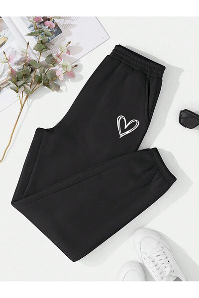 BEETON Heart Logo Sweatpants Jogger - Μαύρο εμπριμέ λαστιχένιο πόδι ψηλόμεσο