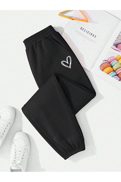 BEETON Heart Logo Sweatpants Jogger - Μαύρο εμπριμέ λαστιχένιο πόδι ψηλόμεσο