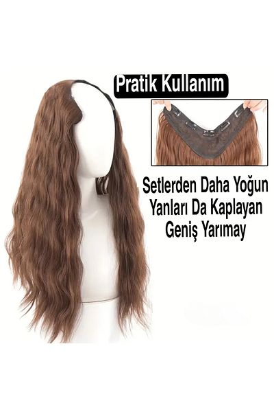 AKOLİFE شعر مستعار مموج كثيف بني فاتح على شكل حرف V واسع بنصف قمر - نسيج شعر حقيقي