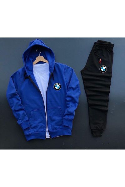 viperkombin BMW Blue Zippered Cardigan and Sweatpants 2-Piece Combination Embossed Print