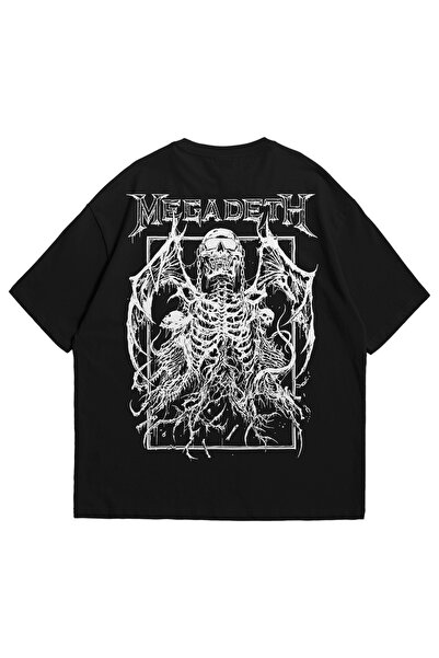 Stadium Unisex Siyah Megadeth Cool Skeleton Baskılı Oversize Bisiklet Yaka Kı...
