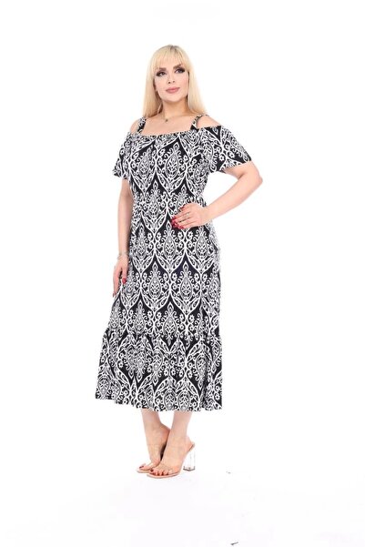 ModaSehle Women's Plus Size Madonna Collar Patterned Strap Dress