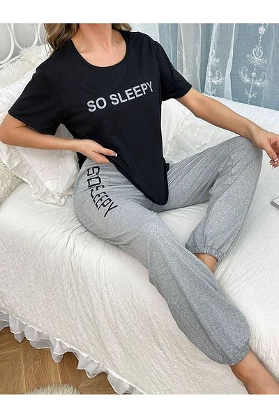 PALPİTO Set de pijamale din bumbac, cu imprimeu So Sleppy, negru