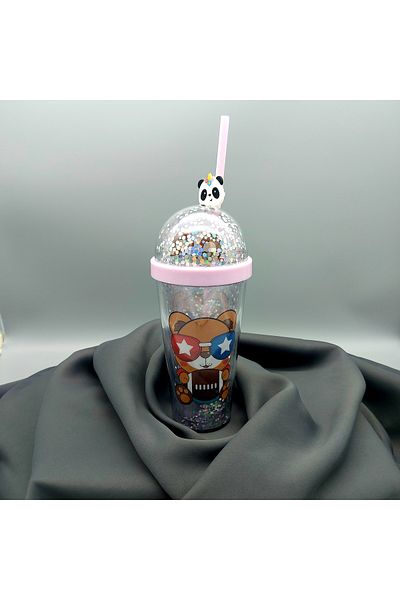 KRD Home Double Wall Glitter Fiberous Leak Proof Cup with Straw