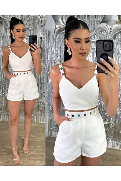 Butik Ikili Takım Şort Kemerli Özel Taş Dikimli Aksesuar
