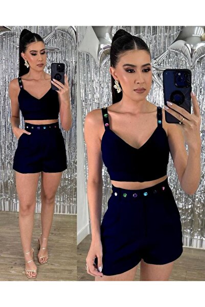 Butik Ikili Takım Şort Kemerli Özel Taş Dikimli Aksesuar