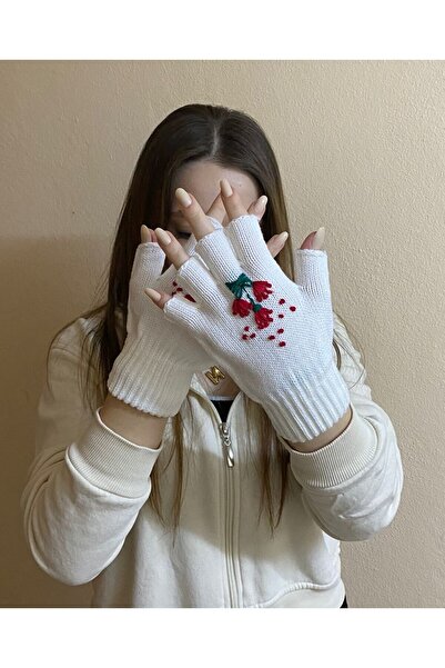 sema aksesuar Handmade Flower Embroidered Fingers Cut Gloves - Fingerless Gloves - Gift Valentine's Day