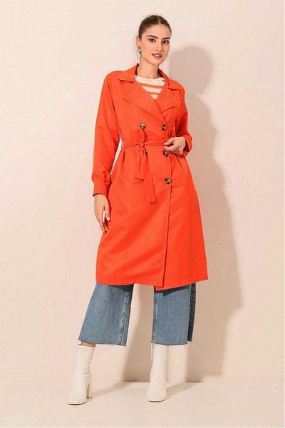 hazelin Women's Orange Double Breasted Collar Belted Unlined Seasonal Comfortable Trench Coat Hzl22s-bd158531
