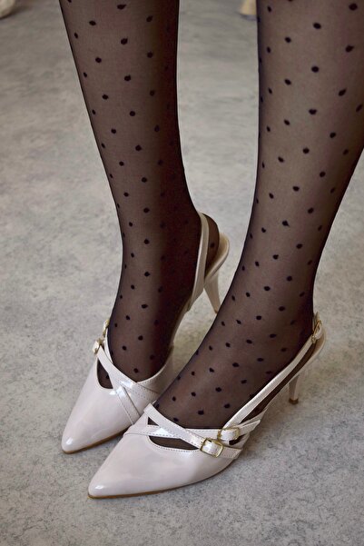 POLKA STORE Blair Pointed Toe Two-Stripes Buckle Beige Nude Nude Patent Leather Heeled Women's Shoes