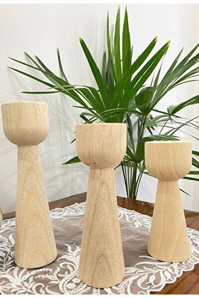 Smyak Ahşap Kayın 3 'Lü Dekoratif Şamdan Mumluk