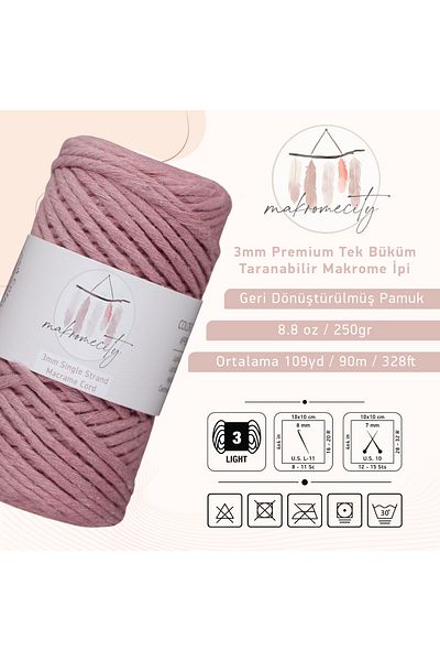 Makromecity Taranan Macrame Σχοινί 3mm Βαμβακερό Μακραμέ Σχοινί Μακραμέ Σχοινί Μακραμέ Σχοινί αποξηραμένο τριαντάφυλλο