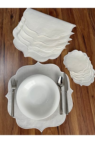 NURHAN HOME COLLECTION Ecru Embroidered 12 Piece Set American Serving and Cocktail Presentation Napkin